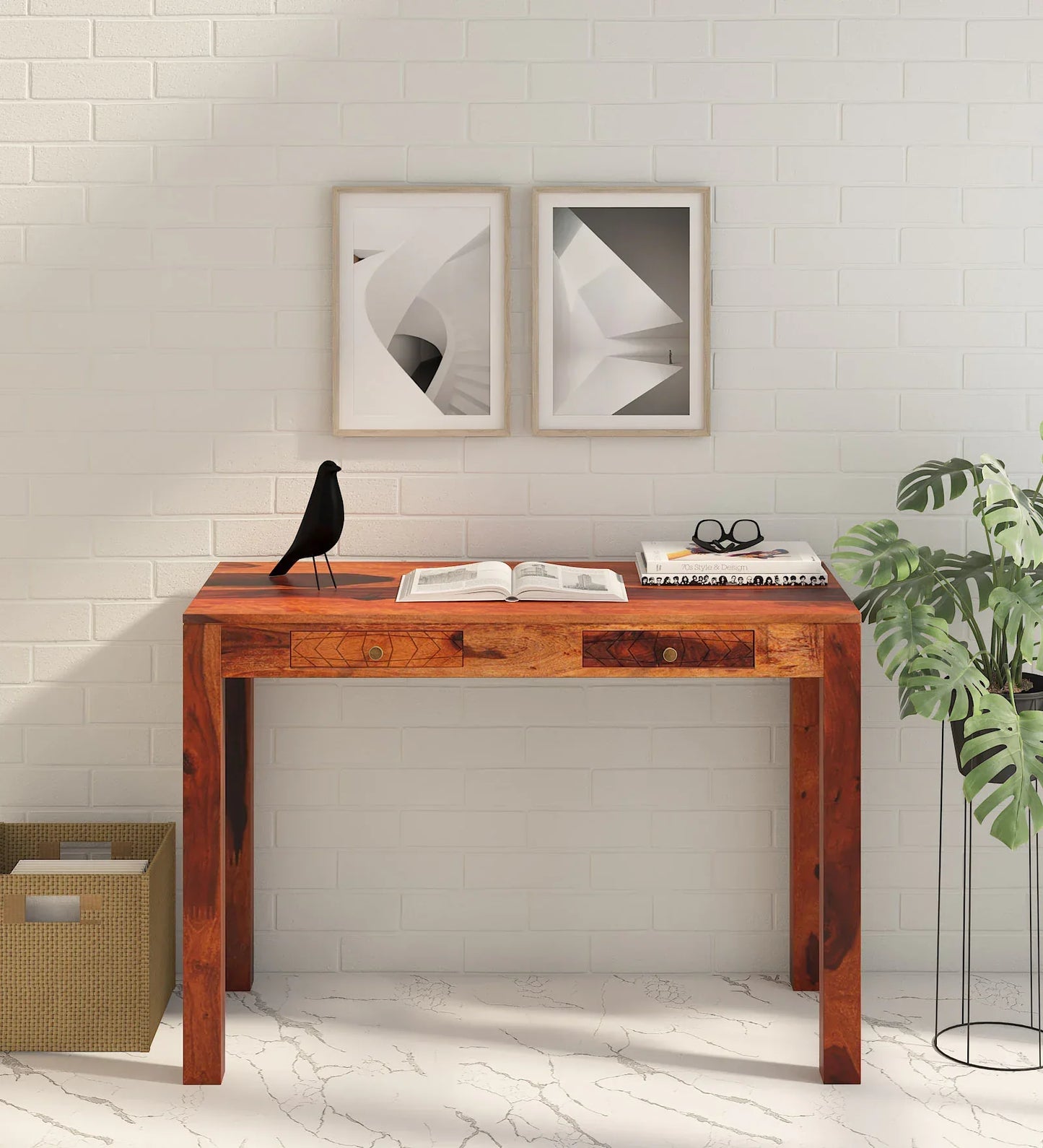Sheesham Wood Writing Table in Scratch Resistant Honey Oak Finish With Drawers