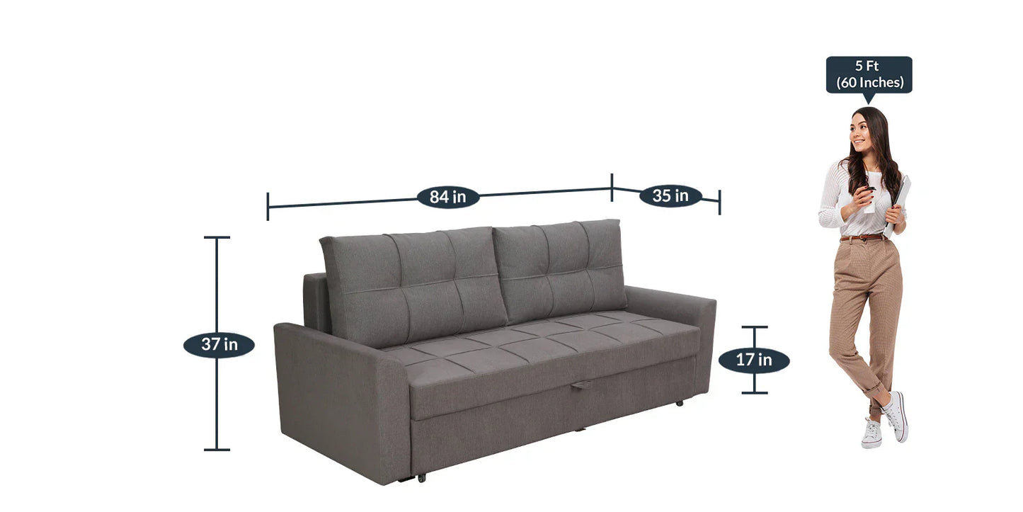 Fabric Pull Out Sofa Cum Bed In Sandy Brown Colour With Storage