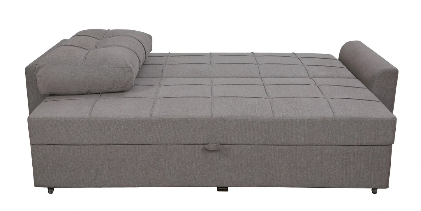 Fabric Pull Out Sofa Cum Bed In Sandy Brown Colour With Storage